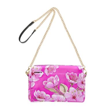 Imagem de Joitme Bolsa feminina vibrante rosa com flores de cerejeira bolsa transversal de couro PU bolsa de ombro com alça de corrente para celular