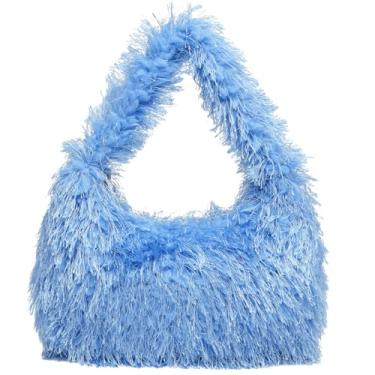 Imagem de Bolsa Hobo Fofa de Pele Sintética Bolsa de Mão Peluda Y2K Fuzzy, Bolsa de Pelúcia Fofa na Moda para Mulheres, Azul, Small