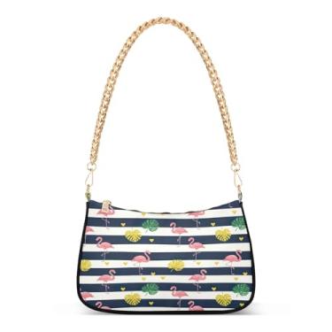Imagem de Bolsa de ombro com corrente de desenho animado de flamingos rosa, bolsa feminina Hobo média para uso diário e noturno