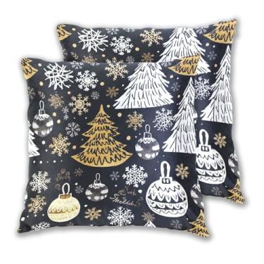 Imagem de Joitme Conjunto de 2 capas de almofadas pretas de árvore de Natal dourada em aquarela, capa de almofada fofa para sofá, decoração de cama, 45 x 45 cm, 2 peças