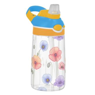 Imagem de Garrafa de água infantil de 473 ml com tampa de palha, garrafa de água esportiva Tritan de 473 ml à prova de vazamento, copo infantil portátil reutilizável, alça de transporte, flores, pastel, laranja