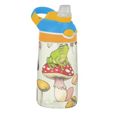 Imagem de Garrafa de água infantil fofa cogumelo sapo verde para escola, 473 ml Tritan 473 ml garrafa de água esportiva com canudo, copo infantil portátil reutilizável, alça de transporte