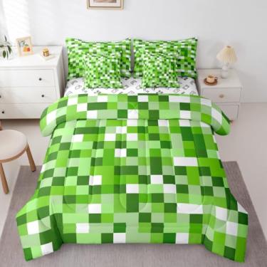 Imagem de Castle Fairy Jogo de cama Queen com edredom e lençol de cima e lençol de cima com tema mineiro, estilo mineiro, com bloco verde claro e lençol com elástico, 4 fronhas