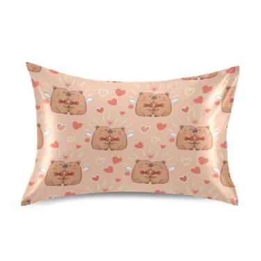 Imagem de Wassud Lindas capivaras Dia dos Namorados fronha de cetim para cabelo e pele fronhas de seda lisa Queen Size capas de almofada respiráveis com fecho de envelope