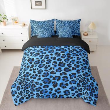 Imagem de Feelyou Jogo de cama casal de leopardo para todas as estações, guepardo, 7 peças, lençol com estampa de animal azul em uma bolsa com edredom, lençóis, fronhas e capa de almofada