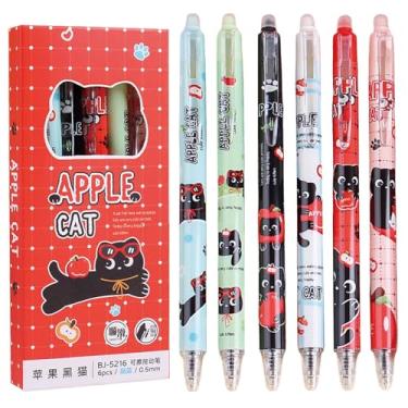 Imagem de 6 canetas de gel apagáveis fofas canetas retráteis de gato com ponta fina de 0,5 mm, caneta de escrita Kawaii, gatinho, apagável para mulheres, meninas, meninos, homens, material escolar (gato maçã