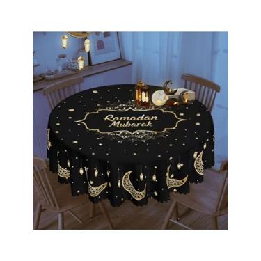 Imagem de Toalha de mesa dourada com estrelas e lua crescente – Capa de mesa preta Ramadan Mubarak com estampa de lanterna, decoração elegante para jantar Iftar