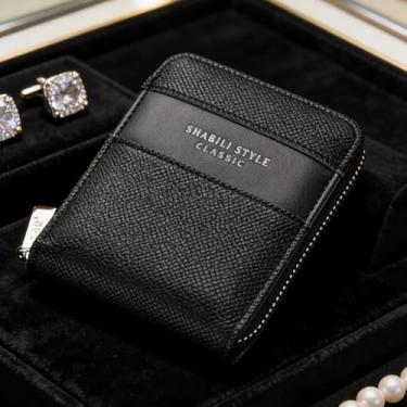 Imagem de Carteira masculina de couro curta com zíper, elegante organizador de zíper preto (preto)