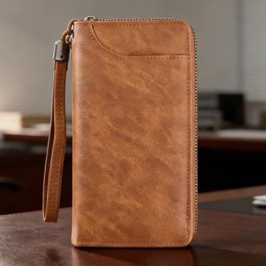 Imagem de Carteira masculina, carteira de couro longa estilo vintage com zíper único, grande capacidade e estrutura segura, organizador retrô com vários compartimentos para cartão de crédito (Camel)