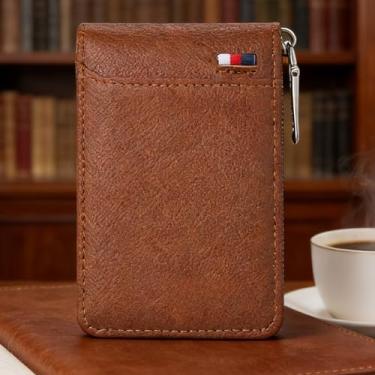 Imagem de Carteira masculina de couro curto com zíper, couro marrom tradicional com zíper (marrom)