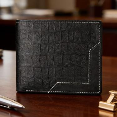 Imagem de Carteira masculina retrô preta curta listrada de microfibra com vários cartões, estilo vintage com vários compartimentos e fecho seguro