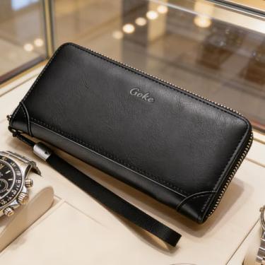 Imagem de Carteira masculina longa com zíper, carteira de couro de grande capacidade com vários compartimentos para cartões e bolso para documentos, organizador multifuncional com bloqueio de RFID (preto)