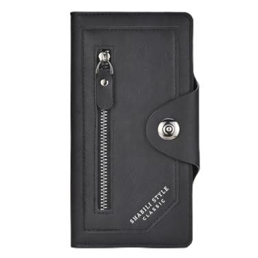 Imagem de Carteira masculina, carteira de couro longa retrô com zíper e fecho magnético, suporte de cartão de crédito seguro estilo vintage ultrafino de grande capacidade (preto)