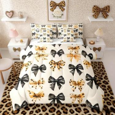 Imagem de Erosebridal Conjunto de edredom solteiro com estampa de leopardo para meninas, 7 peças, cama com laço preto Brwon em uma bolsa para quarto, conjunto de cama com edredom, lençóis, fronhas, laços