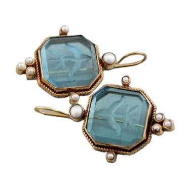 Imagem de Brincos quadrados geométricos clássicos azuis, joias vintage, arte decorativa de imitação de pérola para mamãe