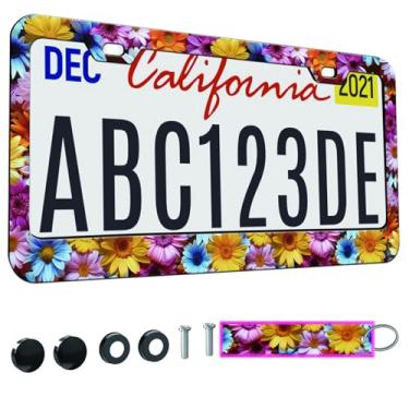 Imagem de 1 moldura de placa de licença para mulheres, molduras decorativas de carro femininas, suporte de capa de placa de carro com etiqueta de chaveiro de carro dupla face (para margarida floral colorida, 1