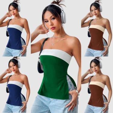 Imagem de Kit 5 Blusa Blusinha Feminina sem alça Casual Faixa Bicolor Fenda Late