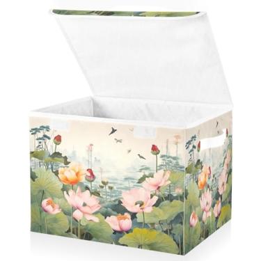 Imagem de Blueangle Cestos de armazenamento florais de beija-flores chineses com tampas, 42 x 32 x 30 cm, cesta organizadora grande dobrável para decoração de escritório e armário (339)