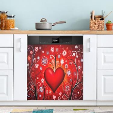 Imagem de ATTX Capa magnética para lava-louças coração vermelho dos namorados | Adesivo decorativo de eletrodomésticos de 58 x 66 cm para armários domésticos e eletrodomésticos #68
