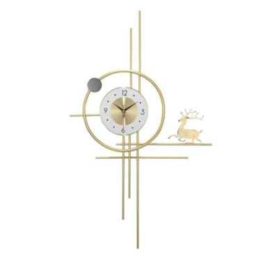 Imagem de WHLBD Relógio de parede decorativo grande relógio de parede de alce - relógio de quartzo silencioso moderno sem tique-taque para sala de estar, sala de jantar, arte de parede de metal dourado, 90 x 35