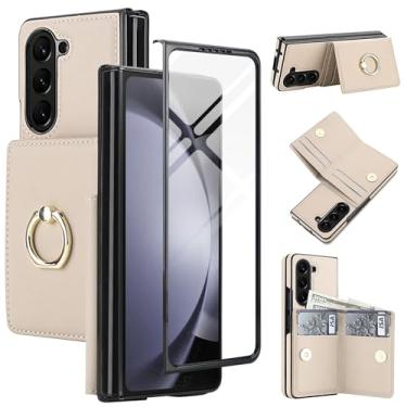 Imagem de Capa carteira para Samsung Galaxy Z Fold 5 com suporte de anel, capa flip protetora de 360° com compartimentos para cartões, bolso para dinheiro e protetor de tela para homens e mulheres (branca)