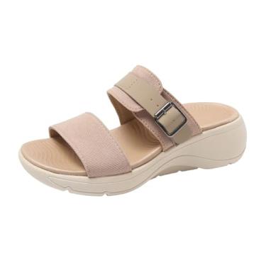 Imagem de Pantufas femininas de malha respirável, cor sólida, bico redondo, bico aberto, sola grossa, primavera, verão, casual, chinelos, Caqui, 38