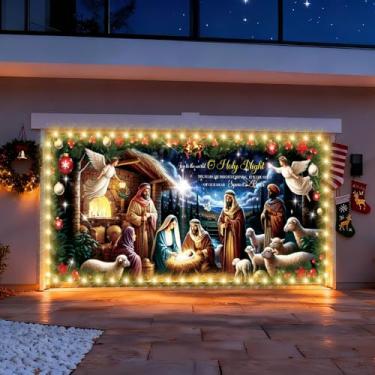 Imagem de Takealooko Capa de Natal para porta de garagem, 19 x 40 m, decoração de Natal para porta de garagem, pano de fundo religioso de Natal com fita de luz para suprimentos de festa ao ar livre