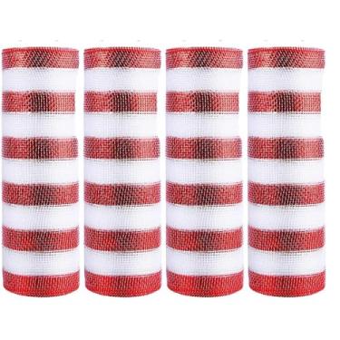 Imagem de 4 rolos de fita de malha de poliéster de Natal de 25,4 x 7,6 m Metálico Vermelho Verde Branco Glitter Rolos de Malha Decorativa DIY Guirlanda Artesanato (Natal 4 Rolos Branco Vermelho, 25,4 cm x 9 m