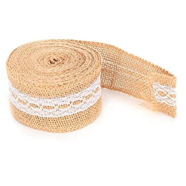 Imagem de Fita de serapilheira com renda branca, rolo de juta natural, forte, durável, decoração diy, embalagem de presente, 5 jardas para festas de casamento, reuniões familiares (laço de ilhó médio de 5cm)
