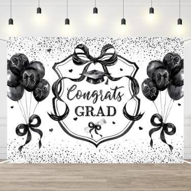 Imagem de AIBIIN Coquette Congrats Grad Backdrop Black Bow 2026 Graduação Fotografia Fundo Coquette Tema Classe de 2026 Banner de Festa de Formatura Balão Coração Adereços para Foto 2,1 x 1,5 m