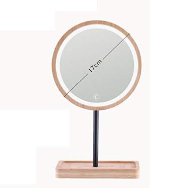 Imagem de Espelho de maquiagem de madeira com luz do dia LED feminino com luz de mesa espelho de maquiagem de beleza portátil pequeno carregamento