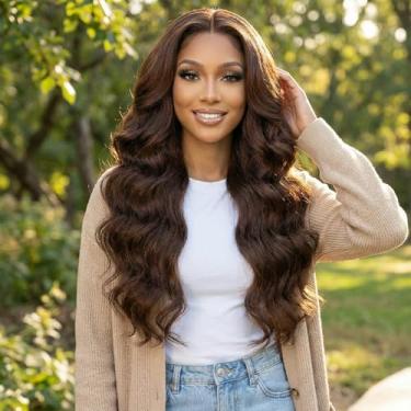 Imagem de Peruca de cabelo humano ondulado frontal de 66 cm, peruca frontal de renda transparente sem cola, 33 x 10 cm, linha do cabelo natural pré-arrancada para mulheres, marrom escuro