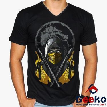 Imagem de Camiseta Mortal Kombat 100% Algodão Scorpion Geeko, Preto gola v, P
