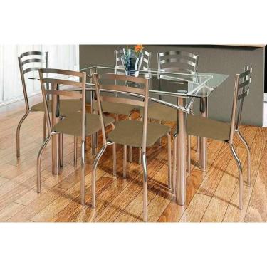 Imagem de Conjunto: Mesa Sala Jantar Elba c/ Tampo de Vidro 150cm e 6 Cadeiras Portugal Cromada - Corano Capuccino Kappesberg