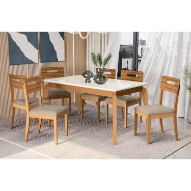 Imagem de Sala Jantar Mesa Petra Premium Madeira Maciça c/ Tampo Madeirado c/ Vidro 160x90cm e 6 Cadeiras Lila Carvalho/Off White - Boucle Bege - Kappesberg