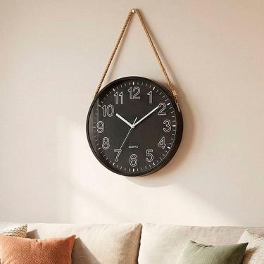Imagem de Relógio Parede Redondo Decorativo Preto Com Alça Corda 25cm