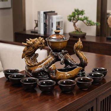 Imagem de Conjunto de chá de cerâmica semiautomático dragão chinês, conjunto de chá de Kung Fu de 9 peças com bule de chá e 8 xícaras (cerâmica - C)