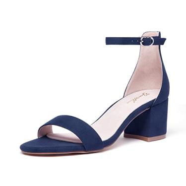 Imagem de GENSHUO Sandálias femininas de salto baixo com tiras e bico aberto, salto confortável, sexy, bonito, tira no tornozelo, festa de casamento, formatura, verão, sapatos de salto alto, Camurça sintética