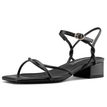 Imagem de TNYNFBEB Sandália feminina de salto baixo com salto grosso, bico aberto, tira no tornozelo, slingback, vestido de casamento, básico, clássico, verão, salto de 3,5 cm, Preto, 37