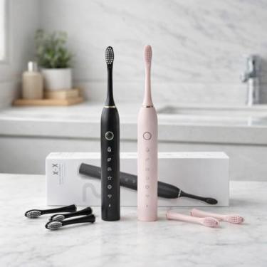 Imagem de Escova de Dente Elétrica Sônica Recarregável USB, Limpeza Profunda, 5 Modos, Timer Automático, IPX7, Uso Adulto e Infantil (Rosa/Preto)