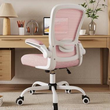 Imagem de Mimoglad Cadeira de escritório em casa, cadeira de mesa com encosto alto, cadeira de computador de malha ergonômica com suporte lombar ajustável e almofada de assento espessa (moderna, rosa espanhol)