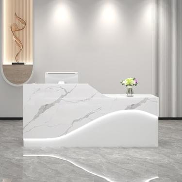 Imagem de Balcão moderno de caixa de varejo com gaveta bloqueável, bandeja de teclado e luz LED - Mesa de recepção para salão e escritório (veias brancas, 140 x 49,8 x 99,8 cm)