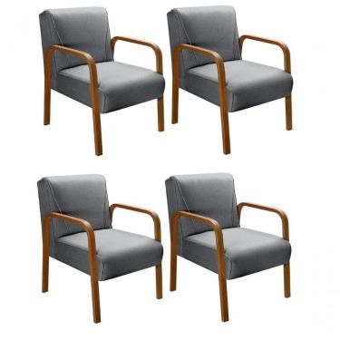 Imagem de Kit 4 Poltronas Anita Moderna Decorativa Braço Madeira Linho Cinza 320