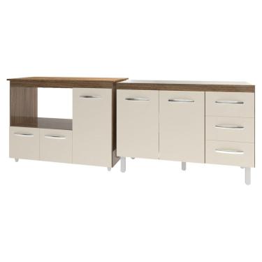 Imagem de Armário Cozinha Balcão Gabinete de Pia 120 cm Bruna e Balcão Lilian para Microondas e Forno Elétrico Savana Off White