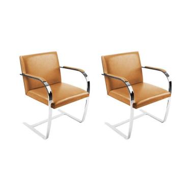 Imagem de Kit 2 Cadeiras Brno Escritório Couro Sintético Caramelo Barra Chata Cromada
