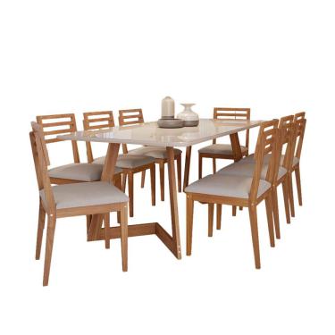 Imagem de Conjunto de Mesa Retangular com Tampo de Vidro Off White Caju e 8 Cadeiras Juparanã Linho Bege e Cinamomo