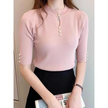 Imagem de Suéter Feminino De Malha Manga Curta Primavera Outono Moda Coreana Cas