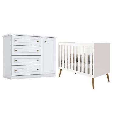 Imagem de Berço Americano Isis Branco Acetinado - Reller e Cômoda Infantil Americano Branco HP - Henn