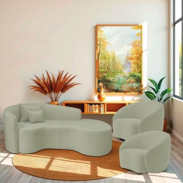 Imagem de Kit Recamier Curvo Sala De Estar Inglaterra 180cm Lado Direito E 2 Poltronas Orgânica Luxo Amore Bouclé Verde Oliva