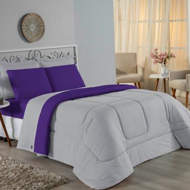 Imagem de Kit Edredom Dupla Face + Jogo De Lençol Casal Viúva Nobre 6 Peças Malha 100% Algodão - Cinza / Roxo